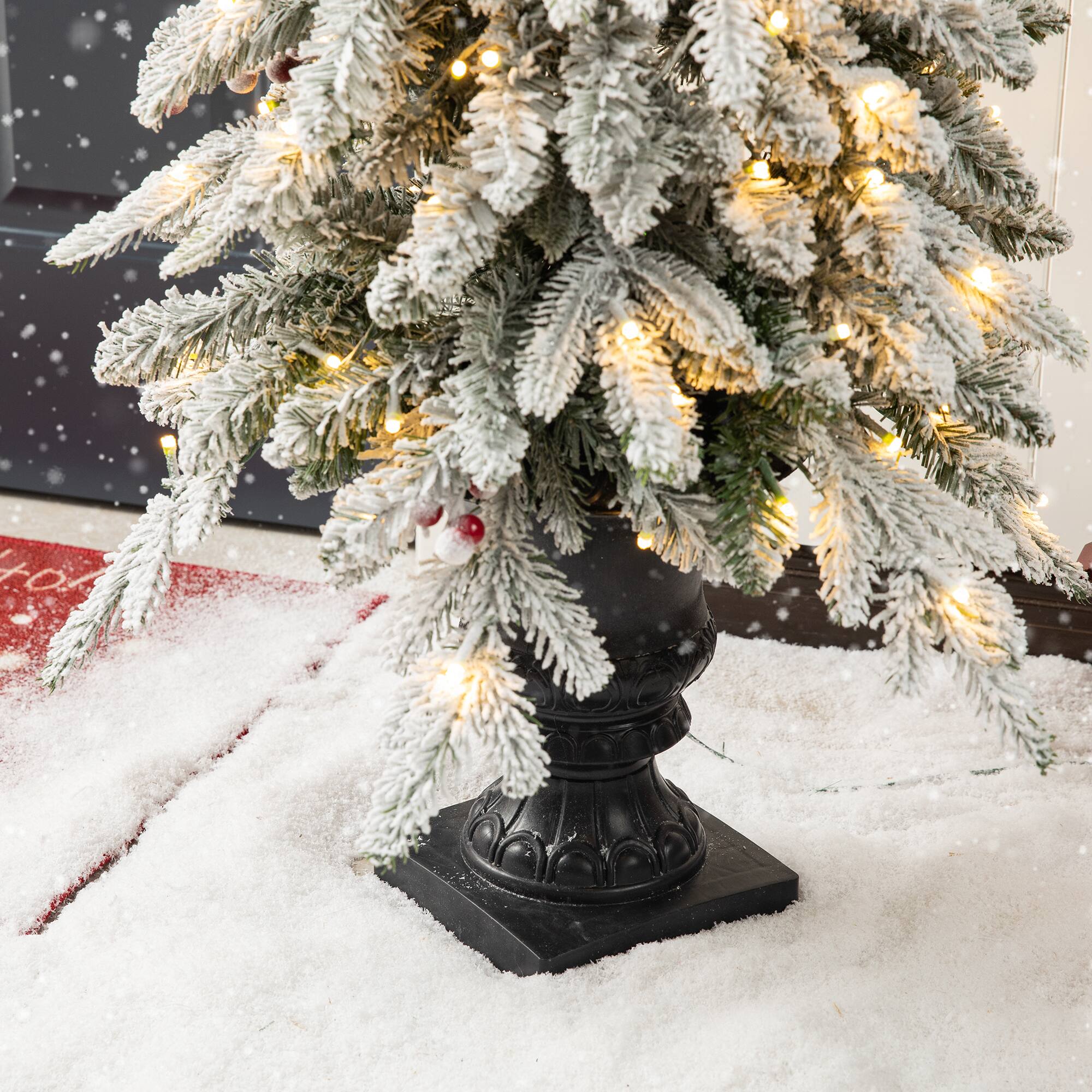 2 Pack 4ft. Pre-Lit Flocked Red Berry Fir Artificial Christmas Porch Tree in Urn, Warm White Lights